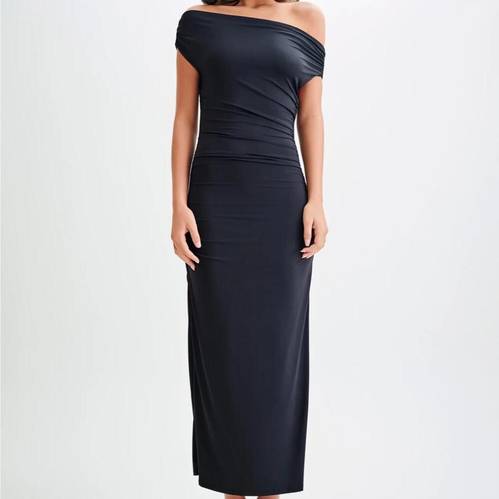 New Meshki Alayna Black Nylon Midi Dress